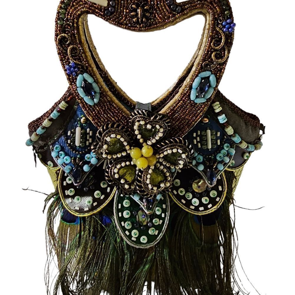MARY FRANCES Bead & Feather Heart Handle Handbag